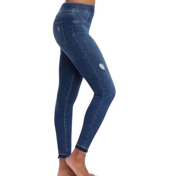Spanx Lightly Distressed Raw Hem Ankle Length Skinny Jeans Worn Twice Size Large - Picture 1 of 12